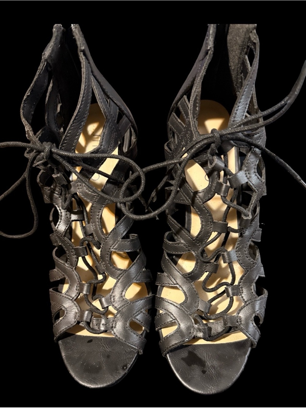 Gently Used Black Lace-Up Cutout Women's Sandals